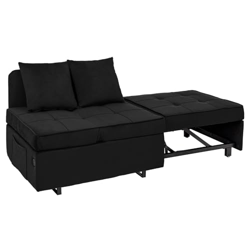 Convertible Sofa Bed 4-in-1 Pull Out Couch, Ottoman Bed Sleeper, Black | Velvet Love seat Couch Sleeper Chair Bed with USB Ports, 5 Adjustable Backrest and Pillow for Living Room Apartment Office - color: Black
