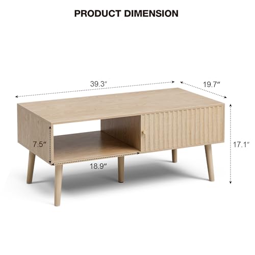 LCRBOL Coffee Table with Fluted Sliding Door, Modern, Natural | 39.3"L x 19.7"W x 17.1"H, double-sided sliding door & open shelf (7.5" clearance), golden knob, 5 tapered legs - color: Oak(lsj012-n)