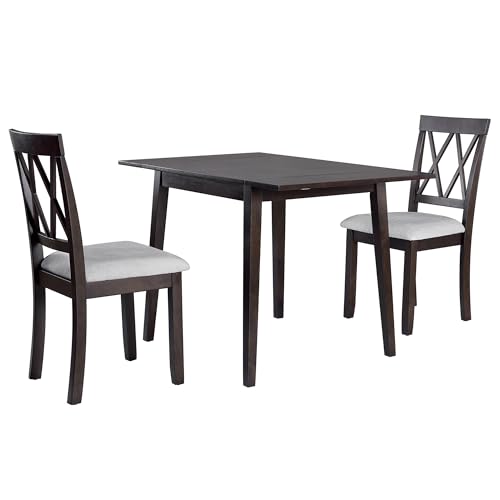 Merax Farmhouse Wooden Dining Set of 3, 45.6 inch Extendable Kitchen Table with Drop Leaf, 2 Chairs with Backrest for Small Space, Easy Assemble Espresso