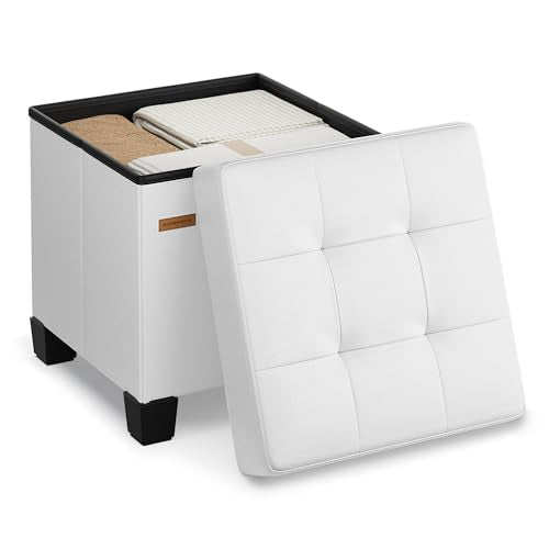 SONGMICS Storage Ottoman, Cube Ottoman with Legs, 15 x 15 x 15.7 Inches, Footstool, Footrest, 10 Gal. (37 L), Synthetic Leather, for Bedroom, Living Room, Dorm, Cloud White ULSF0512W02 - color: Cloud White