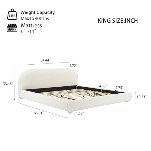 King Size Cream Style Fabric Upholstered Bed, Low Profile Platform Bed Frame with Headboard, Rounded Corners Design, Wooden Slats, Noise Free, Easy Assembly - color: Cream, size: King