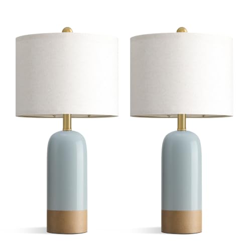 PoKat 24'' Farmhouse Blue Table Lamps Set of 2 for Living Room, Two-Tones | Ceramic Bedside Lamps for Bedroom, Hand-Textured Design, Kiln Variation Glaze, Coastal Lamps for Nightstand, Hallway,Entryway - color: Blue Reactive Glaze