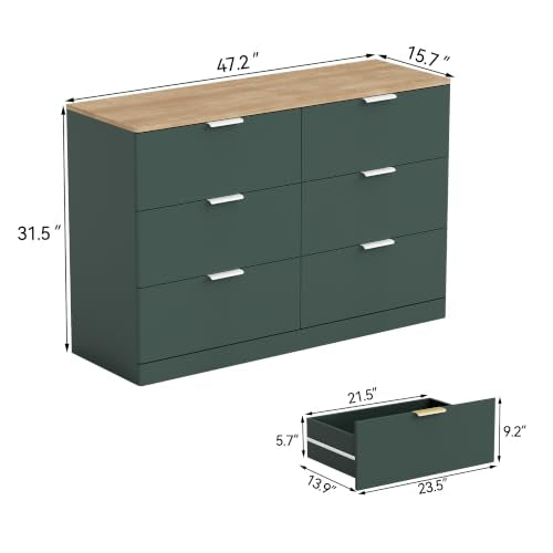 6 Drawer Dresser for Bedroom, 47.2" Wide Modern Chest of Drawers with 6 Large Storage Space with Curved Edge Design, Large Dresser w/Metal Handles for Bedroom,Green & Brown - color: Green & Brown, size: 15.7"D x 47.2"W x 31.5"H (6 Drawers)