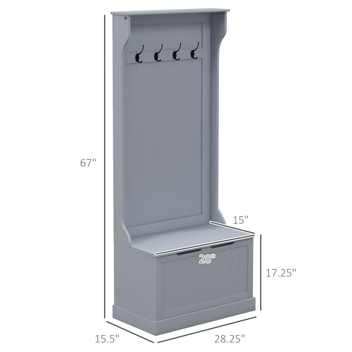 HOMCOM Hall Tree with Bench and Shoe Storage 3-in-1 Coat Rack Gray | Slim Bench with Coat Rack, 4 Hooks, Flip Top Storage Compartment - color: Grey, size: 28"