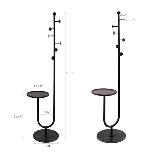 Coat Rack Freestanding with Table for Entryway (Black) | Easy Assembly, Space Saver, Metal Pole, Marble Base, Bamboo Tray, 6 Hooks, Bedroom, Living Room, Office, Entryway Corner - color: Black