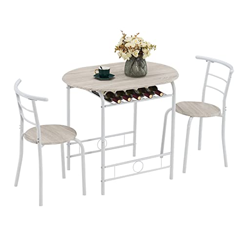 VINGLI 3 Piece Dining Set,Small Kitchen Table Set for 2,Breakfast Table Set,Kitchen Wooden Table and 2 Chairs for Small Space/Dining Room/Apartment,Metal Frame,Wine Rack,White&Light Oak - color: White&light Oak