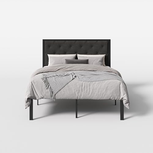 SHA CERLIN Queen Size Metal Bed Frame and Linen Tufted Headboard, Dark Gray | Modern Design Heavy-Duty Platform Bed, No Box Spring Need, Linen Fabric Upholstery, Noise Free, Easy Assembly - color: Dark Grey, size: Queen