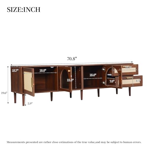 Modern 70 inch TV Stand for TVs up to 80 inch, Entertainment Center with App Controlled LED Lights and Rattan Glass Doors, Media Console with Storage Drawers for Living Room, Dark Brown - color: Dark Brown-u