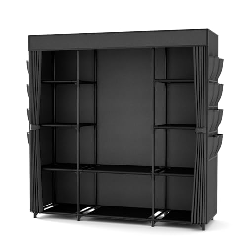 Portable Closet for Hanging Clothes 57.3 Inch Large Capacity Wardrobe Closet with Cover, 8 Pockets and 1 Hanging Rod, Easy Assembly Closet Organizer for Bedroom, Black