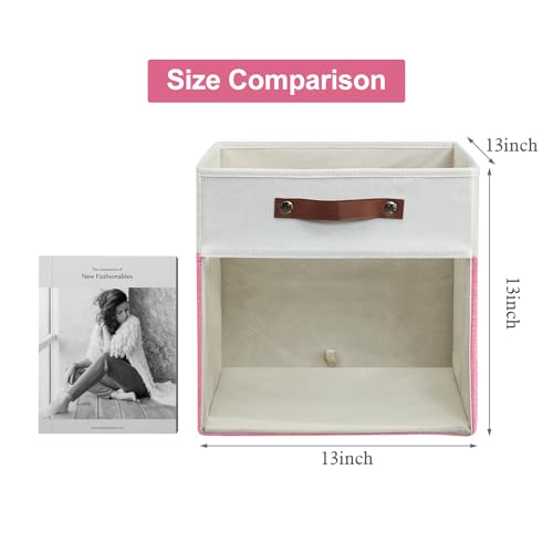 Storage Cubes, 4 Pack Linen Foldable Storage Bins (13 x 13 inch) with Clear Window and Handles, Fabric Organizer for Shelf Closet, Clothes, Books - (Pink and White) - color: Pink / Off-White, size: 13 x 13 x 13