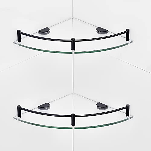 Glass Shower Corner Shelves 2 Pack - Floating Bathroom Shelves Tempered Glass Shelf with Rails SUS 304 Stainless Steel Wall Mounted Organizer, 24cmx24cm 6mm, Black