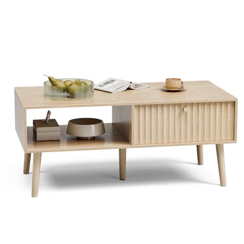LCRBOL Coffee Table with Fluted Drawer, Modern, Oak | 39.3"W x 19.7"D x 17.1"H, 1 fluted drawer & open shelf, golden handle, 5 legs, ~45 min assembly - color: Oak(lsj011-n)