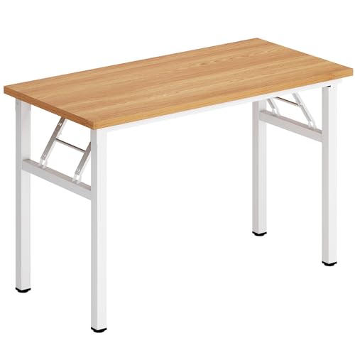 DlandHome 39 inches Folding Table Computer Desk Portable ActivityTable Conference Table Home Office Desk, Fully Assembled Teak and White DND-ND5-100TW | Foldable Writing Table for Small Spaces Bedroom, No Assembly Required, Wood Top Metal Frame, Collapsib