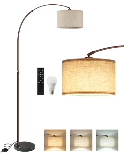 75" Arc Floor Lamp with Marble Base and Adjustable Height, Rotating Hanging Shade, Dimmable Floor Lamp for Living Room with Remote and Foot Switch, 3CCT, Over Couch Arched Light, Beige Brown VE15LD05 - color: Brown + Beige