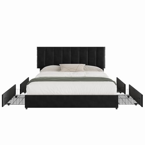 VECELO King Size Bed Frame with 4 Storage Drawers, Adjustable Height Headboard, Heavy-Duty Bedframe with Strong Wooden Slats, No Box Spring Needed, Black - color: Black, size: King, style: Bed Frame With Drawers