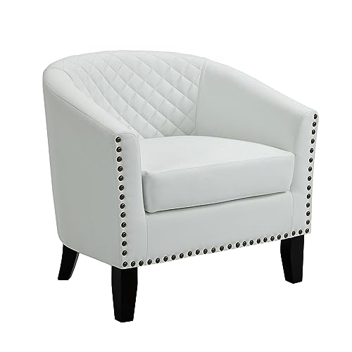 Faux Leather Accent Chair, Modern Barrel Club Chair, White | Comfy Upholstered Armchair for Living Room, Round Club Chair Single Sofa Bedroom Reading Seat | 26"D*29"W*29"H - color: White