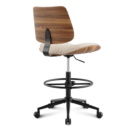 Drafting Chair with Adjustable Footrest, Rolling Walnut Stool, Beige | Armless Tall Swivel Stool for Standing Desk, PU Leather Curved Bentwood, Rolling for Office & Art Studio, 300LBS Capacity - color: Beige