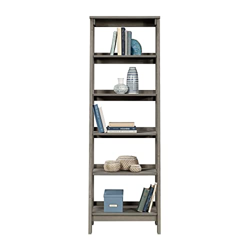 Sauder Ladder Bookshelf 5 Tier Trestle Ladder Shelf Wooden Bookcase, in Mystic Oak - color: Jamocha Wood