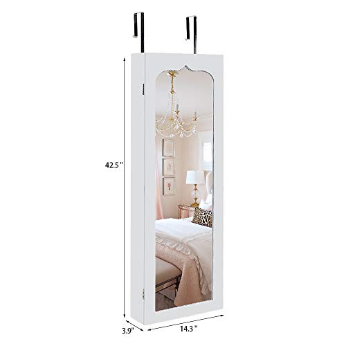 42.5" Wood Jewelry Mirror Cabinet,Wall or Door Mounted Jewelry Storage Cabinet,Space-Saving Large Jewelry Armoire Organizer,with Lock & LED Lights,for Living Room, Bedroom, Cloakroom (White) - size: 36.5x12.3x108cm