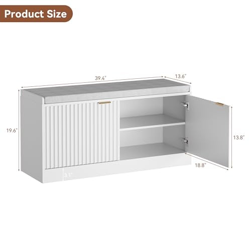 Fluted Shoe Storage Bench with Cushioned Seat and Sliding Doors, White丨Modern Entryway Cabinet with Gold Handles, Hidden Shoe Organizer for Hallway, Living Room - color: White