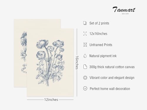 Tanmart Blue Floral Wall Art Decor Vintage Flower Canvas Pictures Boho Botanical Wall Art Prints Minimalist Floral Poster Rustic Flower Painting for Bedroom Bathroom 12x16 Inch Unframed Set of 2 - color: Blue Rose Art, size: 12"x16" Unframed