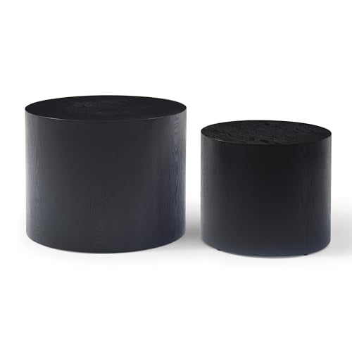Nesting Coffee Table Set of 2, Modern Round Coffee Table with Non-Slip Feet, Wooden Circle Accent Tables for Small Spaces Living Room Bedroom Balcony Office Drum Side Table (Black) - color: Black