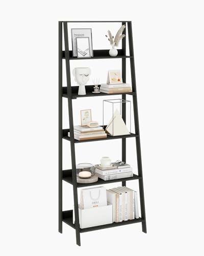 6-Tier Ladder Shelf, Wooden Bookshelf Bookcase, Freestanding Corner Storage Shelves for Living Room, Kitchen, Bedroom, Balcony, Black