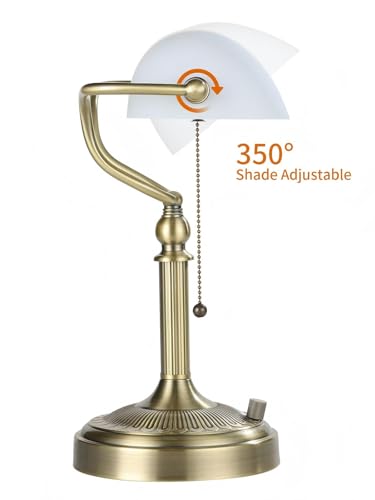 White Matted Stepless Dimmable Glass Bankers Desk Lamp | Table Lamp Plug in Fixture for Study Home Office Library, LED Bulb Included - color: White