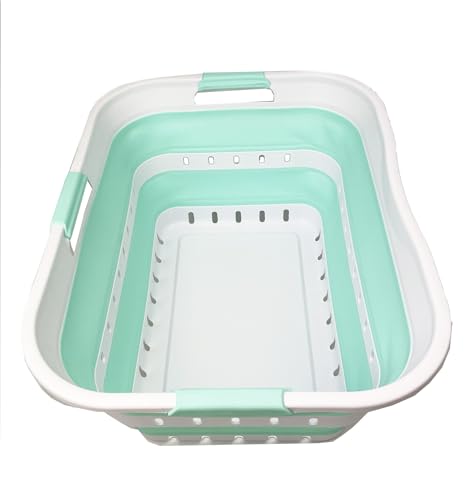 SAMMART 42L (11 gallon) Collapsible Plastic Laundry Basket - Foldable Pop Up Storage Container/Organizer - Space Saving Hamper/Basket (1, White/Light Green) - color: White/Light Green