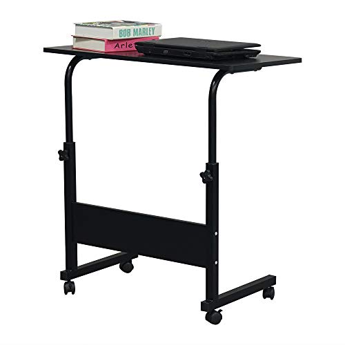 Sofa Side Table C Shaped End Table with Wheels, Rolling Bedside Laptop Table Snack Table TV Tray, Height Adjustable, Wooden Top & Metal Frame (Black) - color: Black, 31.5"
