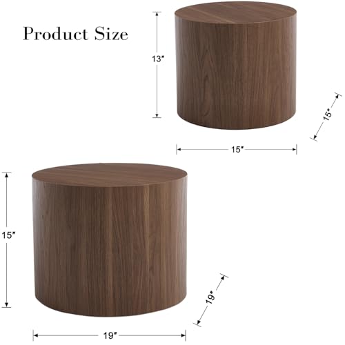 Ya-Home Round Coffee Tables Side Table Set of 2, Wood Nesting End Table for Living Room Balcony Office, Walnut Wooden Color, No Assembling - color: Walnut