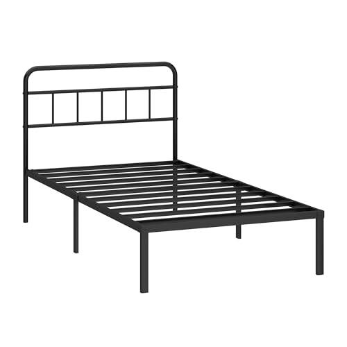 Kujielan 12 inches Twin Bed Frame with Minimalist headboard, Black | Metal Platform Base with Strong Metal Slats,Mattress Foundation for Under Bed Storage,Easy Assembly - size: Twin