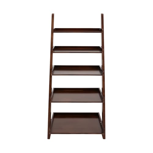 5-Tier Ladder Shelf, Minimalism Wood Ladder Bookshelf L-Shaped Leaning Storage Bookshelf Freestanding Open Bookcase for Living Room Bedroom Offices (Walnut Brown)