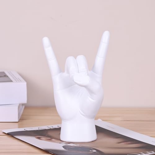 QIANLING 7.7" White Resin Rock On Hand Gesture Statue - Rock Culture Music Lovers' Decorative Tabletop Sculpture for Bookshelf, Desk & Mantel Decor in Home or Office, Modern Symbolic Figurine - color: White