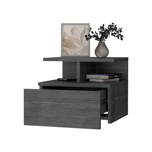 FM FURNITURE Floating Nightstand with Drawer and 2 Tier Shelf, Wall Mounted Bedside Table, Space Saving End Table for Bedroom, Smokey Oak, 14" Wide - color: Smokey Oak