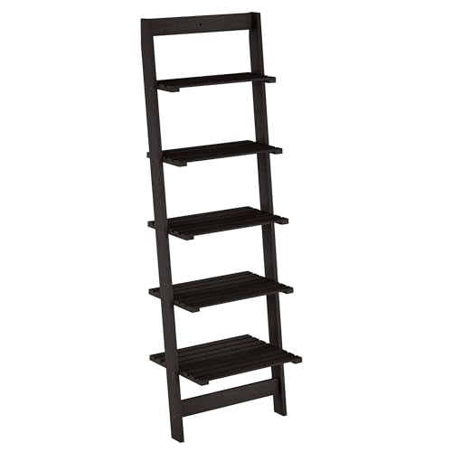 Lavish Home 5-Tier Ladder Shelf – 50" Narrow Leaning Wood Bookcase for Small Spaces, Decorative Storage in Living Room, Office, or Bathroom – Black Modern Display Shelf