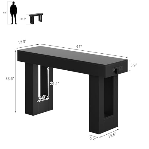 Unikito 47" Entryway Table with Sensor Light and USB Outlet, Black | Narrow Console Table with Storage Behind Couch, Farmhouse Foyer Table with Open Storage Versatile for Entrance Living Room - color: Black, size: 47IN