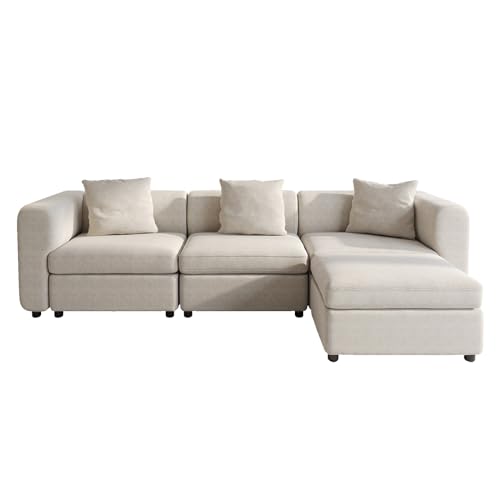 Velvet Sectional Sofa with 3 Pillows and Storage Ottoman, Convertible L-Shaped Couch with Cushions, 4 Seaters Couch for Living Room, Beige 103.5" L - size: 4 Seaters(With Ottoman)