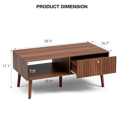 LCRBOL Coffee Table with Fluted Drawer, Mid-Century, Walnut | 39.3"W x 19.7"D x 17.1"H, 1 fluted drawer & open shelf, golden handle, 5 legs, ~45 min assembly - color: Walnut(lsj011-wa)