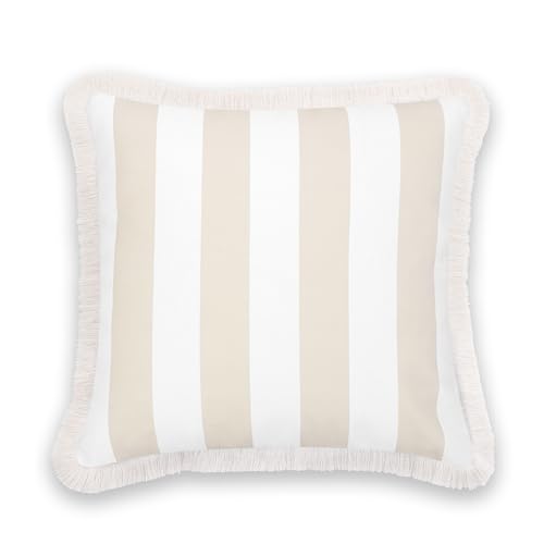 Hofdeco Premium Fall Coastal Patio Indoor Outdoor Pillow Cover Only, 20"x20" Water Repellent for Backyard, Couch, Neutral Tan Stripe Fringe - color: Neutral Tan Stripe 20"x20"