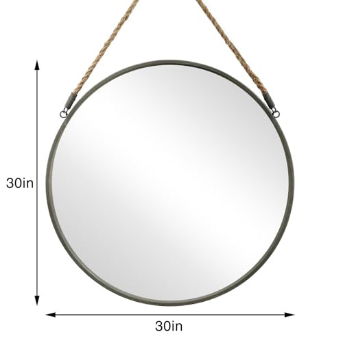 POZINO 30 Inch Large Round Hanging Mirror with Grey Metal Frame | Circle HD Mirror with Jute Rope, Anti-Rust, Farmhouse Decorative Wall Mirror for Entryway, Living Room, Fireplace, Bathroom - color: Grey, size: 30"L x 30"W