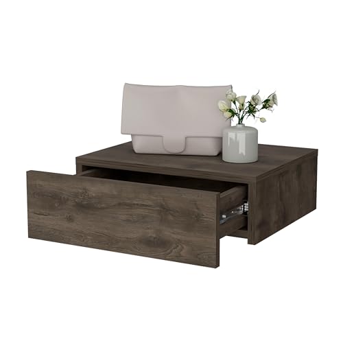 FM FURNITURE Vienna Modern Floating Nightstand with Drawer & Shelf, Wall Mounted Bedside Table for Bedroom Organization, Brown - color: Dark Brown