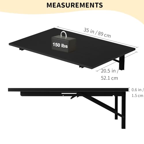 GOYLSER Wall Mounted Desk Folding Table Laundry Fold Table, Fold Down Work Bench, Foldable Mount Station for Floating Bar, Office, Dining Room, Kitchen, Black, 35" x 20.5" - color: Black, size: 35"x20.5"