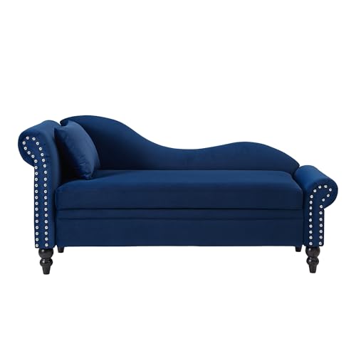 ERYE Velvet Upholstered Right Facing Chaise Lounge Chair, Blue Chaise Lounge Storage W/Nailhead Trim, Wood Legs, Classic Recliner Lounger Accent Sofa for Living Room Bedroom - color: Navy Blue/R