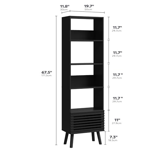 Furnify 5-Tier Tall Bookcase with Open Shelf and Slatted Door, Black | 68" Tall Freestanding Bookshelf, Display Cabinet Rack with 5 Cubes, Narrow Corner Bookcase for Living Room Home Office - color: Black, size: 67"H