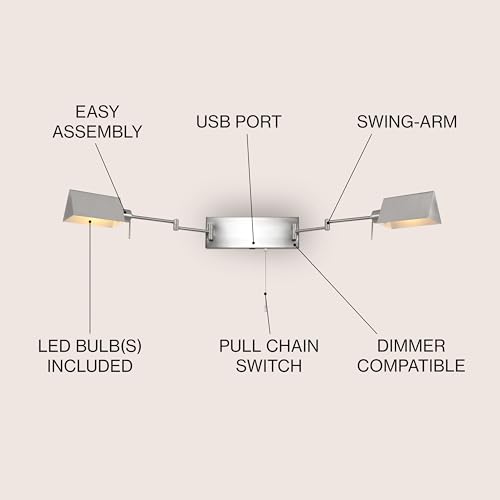 JONATHAN Y Arlo 54" 2-Light Double Swing Arm Metal Lamp, Nickel | Industrial Farmhouse Design, Pull Chain Switch, USB Charging Port, Hardwired, Adjustable Shades, LED Bulbs Included - color: Nickel, size: 2-Light