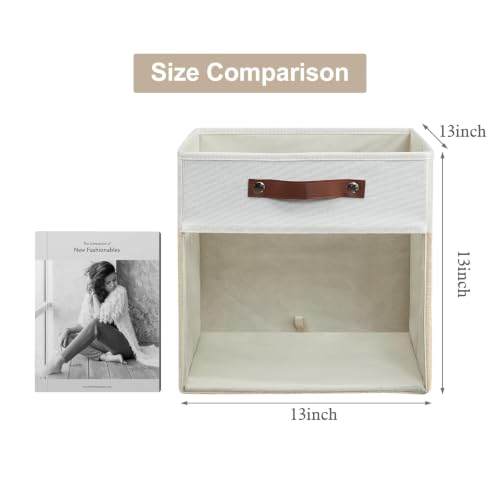 Storage Cubes, 4 Pack Linen Foldable Storage Bins (13 x 13 inch) with Clear Window and Handles, Fabric Organizer for Shelf Closet, Clothes, Books - (Beige and White) - color: Beige / Off-White, size: 13 x 13 x 13
