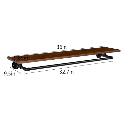Clothes Rack 36in, Wall Mounted Garment Rack with Real Walnut Wood Shelf, Heavy Duty Hanging Clothes shelf, Multi-Purpose Hanging Rod, Space-Saving Closet Storage (Walnut, 1T36IN) - color: Walnut, size: 1T36IN