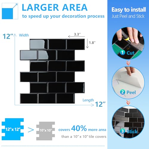 STICKGOO Subway Tile Peel and Stick Backsplash, Thicker Design 12" x 12" Stick on Backsplash Tiles for Kitchen, Bathroom, Wall Tile (10 Sheets, Black with Grey Grout) - color: Black With Grey Grout