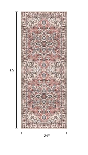 KOZYFLY Runners for Hallways 2x5 Ft Washable Kitchen Runner Rug Boho Runner Rug for Entryway Indoor Printed Oriental Faux Wool Floor Carpet Runner for Laundry Room Kitchen Hall, Red Salmon/Pink/Navy - color: Red Salmon/Pink/Navy, size: 2' x 5' (Runner)